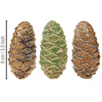Artikel Decoratieve keramische dennenappels, diverse kleuren groen, geel en bruin, 8,5 cm, 6 stuks