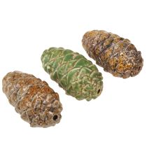 Artikel Decoratieve keramische dennenappels, diverse kleuren groen, geel en bruin, 8,5 cm, 6 stuks
