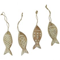 Artikel Decoratieve vis om op te hangen houten vis bruin wit assorti 10cm 4 stuks