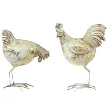 Artikel Decoratieve kippen witgoud haan kip vintage L13cm 2 stuks