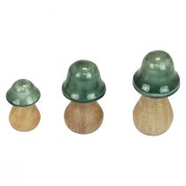 Artikel Decoratieve paddenstoelen houten paddenstoelen donkergroen glanzend H6/8/10cm set van 3