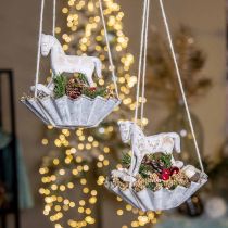 Decoratief hobbelpaard kerstwit 13x4.5x11.5cm 3st