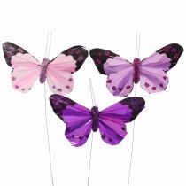 Deco vlinder op draadveer vlinders paars/roze 9,5cm 12st