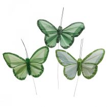 Decoratieve vlinders groene veren vlinders op draad 10cm 12st