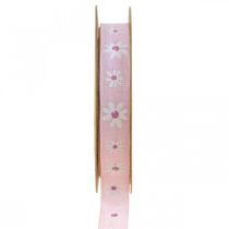 Artikel Decoratielint roze met bloemen cadeaulint 15mm 15m