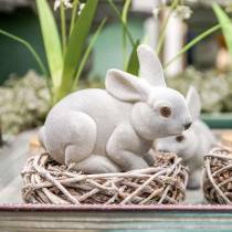 Decoratief figuur konijn grijs, lentedecoratie, paashaas zittend gevlokt 3st