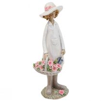 Artikel Decoratieve figuren tuinman decoratie vrouw met bloemen wit roze H21cm