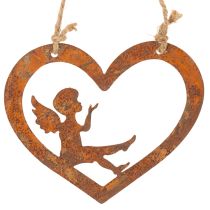 Artikel Decoratieve metalen hangornamenten, roestkleurige afwerking, hartvormig engeltje, Ø15 cm, 6 stuks