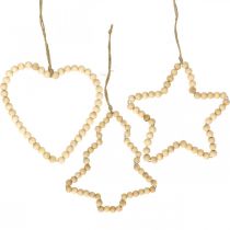 Deco hanger kerst houten kralen hart ster boom H13cm 3st