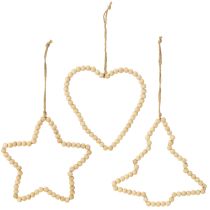 Artikel Decoratieve kerst houten kralen hart sterboom H16cm 3 st