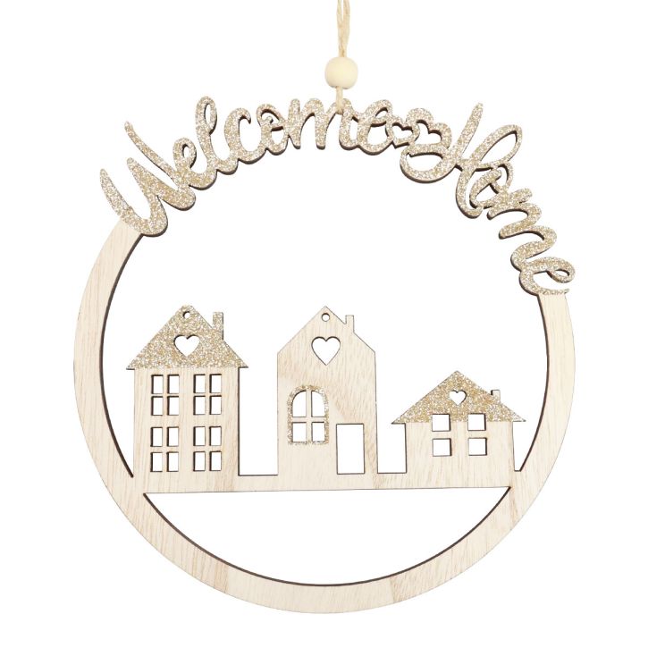 Artikel Decoratieve hanger hout goud glitter Welcome Home Ø16,5cm 6st