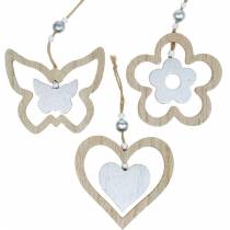 Decoratiehanger hart bloem vlinder natuur, zilver houtdecoratie 6st