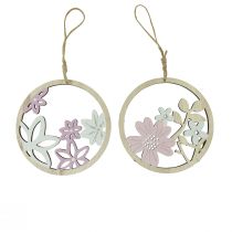 Artikel Decoratieve hanger hout bloemen naturel wit paars glitter Ø12cm 6 st