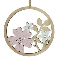 Artikel Decoratieve hanger hout bloemen naturel wit paars glitter Ø12cm 6st