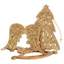 Artikel Decoratiehanger hout goud glitter kerstboomversiering 10cm 6st