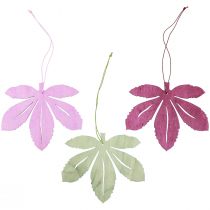 Artikel Decoratieve hanger hout herfstbladeren roze paars groen 12x10cm 12 st