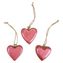Decoratieve hanger hout houten harten decoratie roze glanzend 6cm 8st