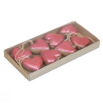 Artikel Decoratieve hanger hout houten harten decoratie roze glanzend 6cm 8 st