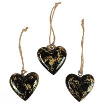 Decoratieve hanger hout houten harten decoratie naturel zwart goud 6cm 8st