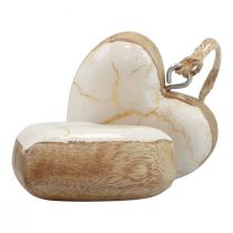 Artikel Decoratieve hanger hout houten harten naturel wit/goud craquelé 6cm 8 st