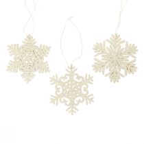 Decoratiehanger hout sneeuwvlokken deco wit glitter Ø10cm 12st
