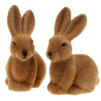 Decoratief konijntje gevlokt bruin Paashaas decoratie 15cm 4 st