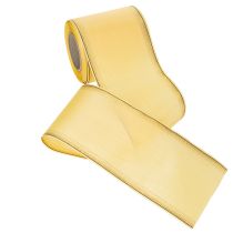 Artikel Decoratief moiré kranslint in geel met gouden rand, breedte 100 mm, lengte 25 m voor bloemschikken en decoratie.