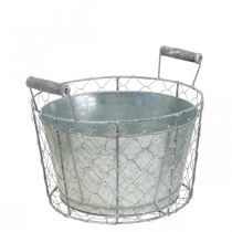 Artikel Mand voor opplant, draadmand met plantenpot, lentemand zilver, gewassen wit, shabby chic Ø26cm H22cm