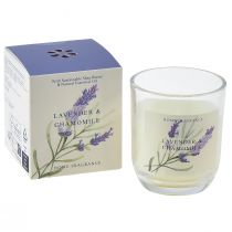 Artikel Geurkaars in een glas lavendel kamille crème Ø7,5cm H8,5cm