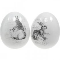 Keramiek ei, paasdecoratie, paasei met konijnen wit, zwart Ø10cm H12cm set van 2