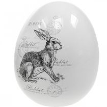 Keramiek ei, paasdecoratie, paasei met konijnen wit, zwart Ø10cm H12cm set van 2