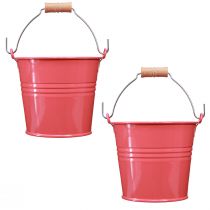 Artikel Metalen emmer bloempot met roze handvat 16x17,5x16cm 2 stuks