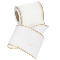 Artikel Elegant Moiré-kranslint, 125 mm, wit met gouden rand - Hoogwaardig decoratief lint voor bloemisterij en feesten