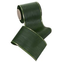 Artikel Elegant moiré groen kranslint met gouden rand, 100 mm x 25 m, voor rouwbloemen en decoratie.