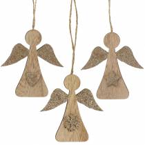 Deco hanger houten engel glitter 10cm 12st