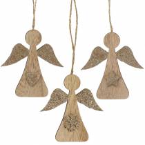 Decoratieve hanger houten engel glitter 10cm 12 st