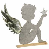 Kerst engelenstandaard op berkenstam vilt crème, goud H46cm