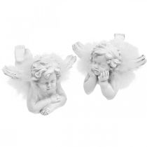 Artikel Engel liggend, kerstversiering, engelendecoratie met veren, Advent wit H8 / 8.5cm L14 / 12.5cm set van 2