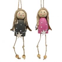 Artikel Houten engelen om op te hangen grijs, roze 7,5cm 6 st