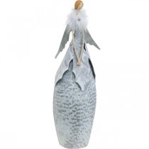 Deco engel figuur met veren boa grijs metalen decoratie Kerst 38cm