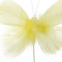 Decoratieve vlinders op draad, lenteversieringen, veervlinders in de kleuren geel 6st
