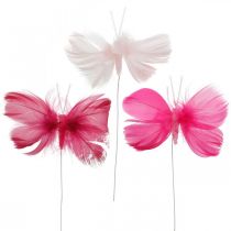 Veer vlinders roze/roze/rood, deco vlinders op draad 6st