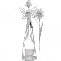Lentedecoratie, bloemenfee als lantaarn, metalen tafeldecoratie, elf met bloem wit H32.5cm