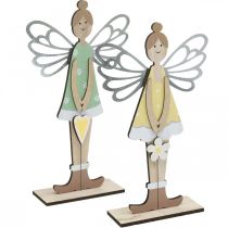 Artikel Decoratieve elf, lentedecoratie, elfje om op te staan, houten decoratie groen, geel H34cm set van 2