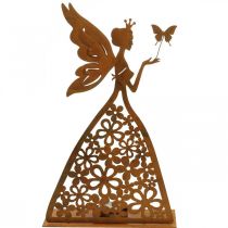 Vlinderelf, tafeldecoratie veer, theelichthouder, metalen decoratie patina H32.5cm Ø5cm