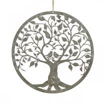 Raamdecoratie veer, hangdecoratie metaal boom grijs Ø25cm 2st