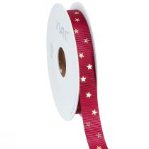 Artikel Feestelijk sierlint in donkerrood met gouden sterren, breedte 15mm, lengte 20m