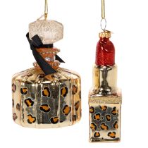 Artikel Kerstboomversiering: parfumflesje en lippenstift met luipaardprint, 11 cm, 2 stuks
