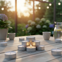 Artikel Geurkaarsen lavendel mimosa, waxinelichtjes geparfumeerd Ø3,5cm H1,5cm 18 stuks