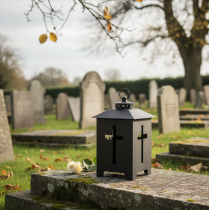 Artikel Lantaarn graflicht kruis raam metaal antiek grijs 13 x 27cm